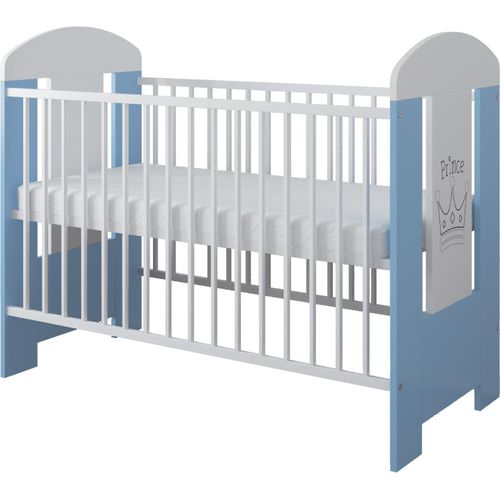 Gitterbett mit Matratze & Kleiner Prinz Gravur 120x60cm ,3 ausziehbare Sprossen ,3-Stufen-Verstellung , Kiefernholz, Für Mädchen und Junge, Blau