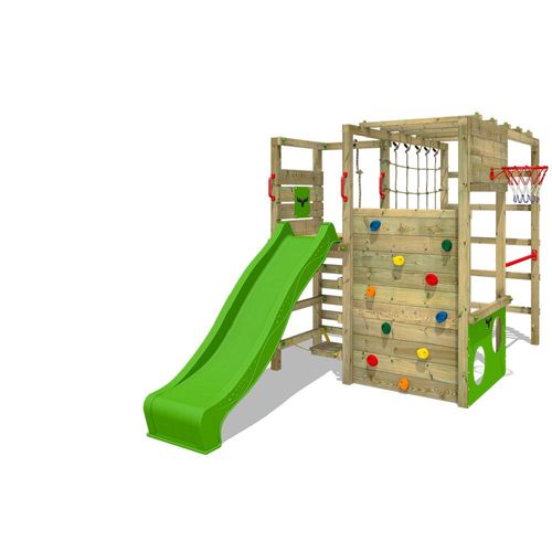 FATMOOSE Klettergerüst Spielturm ActionArena mit Schaukel, Gartenspielgerät mit Leiter & Spiel-Zubehör - apfelgrün