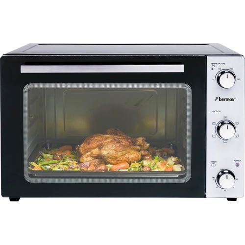 Bestron 2-in-1 Mini-Backofen mit Drehspieß, 45 Liter, 1800 W, Edelstahl, Schwarz