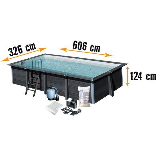 Aufstellpool WPC-Pool-Set Gre eckig 606x326x124 cm inkl. Sandfilteranlage, Skimmer, Leiter, Filtersand & Bodenschutzvlies grau