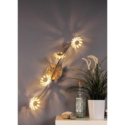 Vierflammige florentiner Blumen Motiv LED Deckenleuchte aus Metall in Blattgold