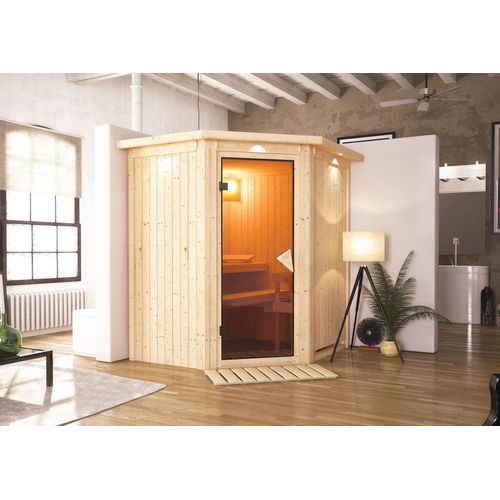 Sauna Taurin : Bronzierte Ganzglastür : mit Dachkranz : ohne Ofen Dachkranz: mit Dachkranz Saunaofen: ohne Ofen Saunatür: Bronzierte Ganzglastür