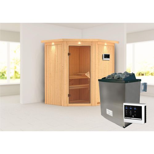 Sauna Taurin : 9 kW finnisch Ofen + Steuergerät Easy Finnisch : Bronzierte Ganzglastür : mit Dachkranz Dachkranz: mit Dachkranz Saunaofen: 9 kW finnisch Ofen + Steuergerät Easy Finnisch Saunatür: Bronzierte Ganzglastür
