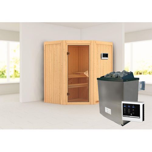 Sauna Taurin : ohne Dachkranz : 9 kW finnisch Ofen + Steuergerät Easy Finnisch : Bronzierte Ganzglastür Dachkranz: ohne Dachkranz Saunaofen: 9 kW finnisch Ofen + Steuergerät Easy Finnisch Saunatür: Bronzierte Ganzglastür
