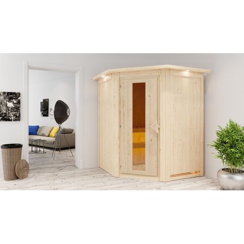 Sauna Larin : mit Dachkranz : 9 kW Ofen + integrierte Steuerung : Energiespartür Holztür gedämmt Dachkranz: mit Dachkranz Saunaofen: 9 kW Ofen + integrierte Steuerung Saunatür: Energiespartür Holztür gedämmt