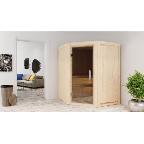 Sauna Larin : ohne Dachkranz : Graphit Ganzglastür : 9 kW finnisch Ofen + Steuergerät Easy Finnisch Dachkranz: ohne Dachkranz Saunaofen: 9 kW finnisch Ofen + Steuergerät Easy Finnisch Saunatür: Graphit Ganzglastür