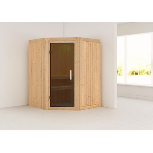 Sauna Larin : ohne Dachkranz : Graphit Ganzglastür : ohne Ofen Dachkranz: ohne Dachkranz Saunaofen: ohne Ofen Saunatür: Graphit Ganzglastür