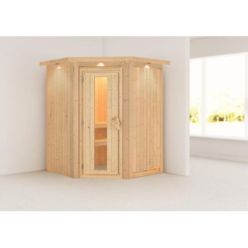 Sauna Larin : mit Dachkranz : Energiespartür Holztür gedämmt : ohne Ofen Dachkranz: mit Dachkranz Saunaofen: ohne Ofen Saunatür: Energiespartür Holztür gedämmt