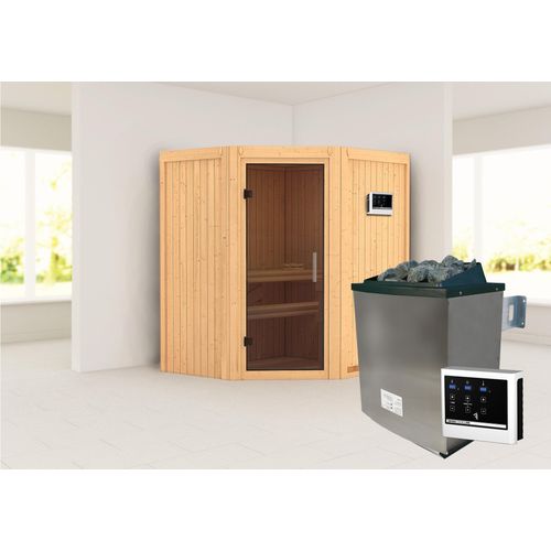 Sauna Taurin : ohne Dachkranz : Graphit Ganzglastür : 9 kW finnisch Ofen + Steuergerät Easy Finnisch Dachkranz: ohne Dachkranz Saunaofen: 9 kW finnisch Ofen + Steuergerät Easy Finnisch Saunatür: Graphit Ganzglastür