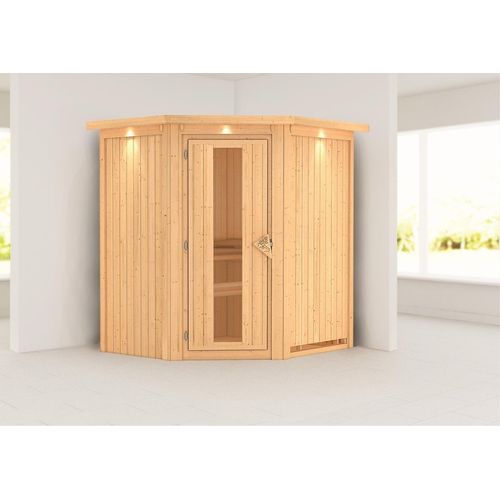 Sauna Taurin : mit Dachkranz : Energiespartür Holztür gedämmt : ohne Ofen Dachkranz: mit Dachkranz Saunaofen: ohne Ofen Saunatür: Energiespartür Holztür gedämmt