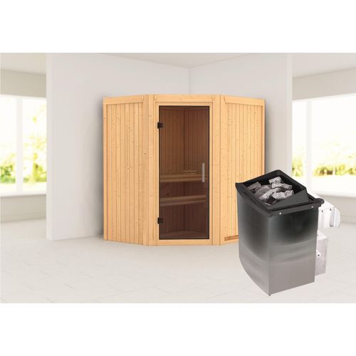 Sauna Taurin : ohne Dachkranz : Graphit Ganzglastür : 9 kW Ofen + integrierte Steuerung Dachkranz: ohne Dachkranz Saunaofen: 9 kW Ofen + integrierte Steuerung Saunatür: Graphit Ganzglastür