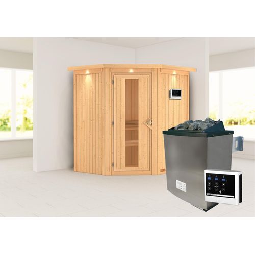 Sauna Taurin : 9 kW finnisch Ofen + Steuergerät Easy Finnisch : mit Dachkranz : Energiespartür Holztür gedämmt Dachkranz: mit Dachkranz Saunaofen: 9 kW finnisch Ofen + Steuergerät Easy Finnisch Saunatür: Energiespartür Holztür gedämmt
