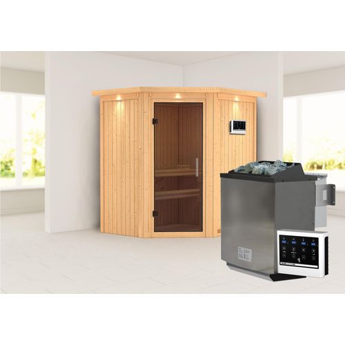 Sauna Taurin : Graphit Ganzglastür : mit Dachkranz : 9 kWOfen + Steuergerät EasyDachkranz: mit Dachkranz Saunaofen: 9 kWOfen + Steuergerät EasySaunatür: Graphit Ganzglastür
