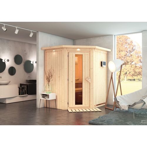 Sauna Taurin : mit Dachkranz : Energiespartür Holztür gedämmt : 9 kWOfen + Steuergerät EasyDachkranz: mit Dachkranz Saunaofen: 9 kWOfen + Steuergerät EasySaunatür: Energiespartür Holztür gedämmt