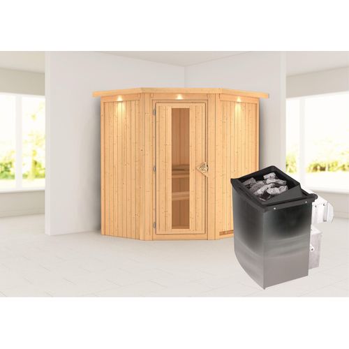 Sauna Taurin : mit Dachkranz : 9 kW Ofen + integrierte Steuerung : Energiespartür Holztür gedämmt Dachkranz: mit Dachkranz Saunaofen: 9 kW Ofen + integrierte Steuerung Saunatür: Energiespartür Holztür gedämmt
