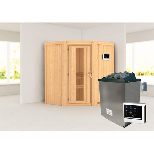 Sauna Taurin : ohne Dachkranz : 9 kW finnisch Ofen + Steuergerät Easy Finnisch : Energiespartür Holztür gedämmt Dachkranz: ohne Dachkranz Saunaofen: 9 kW finnisch Ofen + Steuergerät Easy Finnisch Saunatür: Energiespartür Holztür gedämmt