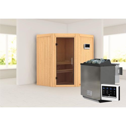 Sauna Taurin : ohne Dachkranz : Graphit Ganzglastür : 9 kWOfen + Steuergerät EasyDachkranz: ohne Dachkranz Saunaofen: 9 kWOfen + Steuergerät EasySaunatür: Graphit Ganzglastür