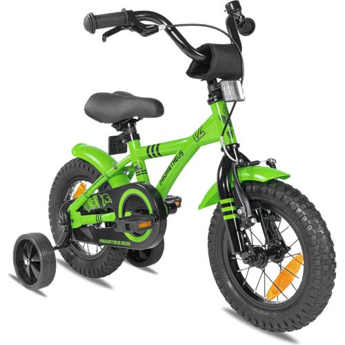 PROMETHEUS Kinderfahrrad 12 Zoll Jungen und Mädchen in Grün & Schwarz mit Stützräder | Aluminium Seitenzugbremse und Rücktrittbremse | inkl. Sicherheitspaket | ab 3 Jahre | 12“ BMX Edition 2018
