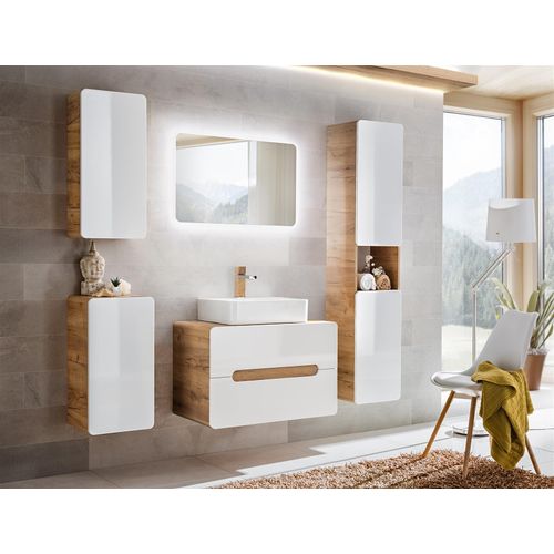Badmöbel Set 6-tlg Badezimmerset FERMO Weiss HGL inkl. Waschtisch