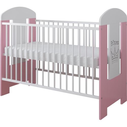 Gitterbett mit Matratze & Kleiner Prinzessin Gravur 120x60cm | 3 ausziehbare Sprossen | 3-Stufen-Verstellung | Kiefernholz | Für Mädchen und Junge| Rosa