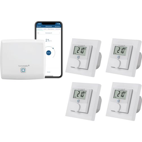 Homematic IP kabelgebundene Fußbodenheizungssteuerung zur Einzelraumregelung in 4 Räumen. Inhalt: Access Point und 4 digitale Raumthermostate mit Schaltausgang. Mit App und Alexa kompatibel.