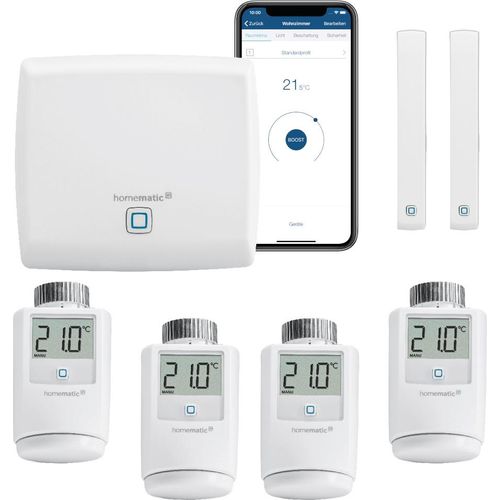 Homematic IP Funk Heizungssteuerung zur Einzelraumregelung mit Smartphone App. Inhalt: Zentrale, 4 Funk Heizkörperthermostate, 2 Funk Tür-Fensterkontakte. Sparen und wohlfühlen in Ihrem Smart Home.
