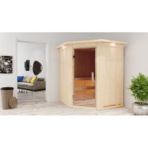 Sauna Larin : Klare Ganzglastür : 9 kW finnisch Ofen + Steuergerät Easy Finnisch : mit Dachkranz Dachkranz: mit Dachkranz Saunaofen: 9 kW finnisch Ofen + Steuergerät Easy Finnisch Saunatür: Klare Ganzglastür