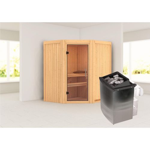 Sauna Taurin : Klare Ganzglastür : ohne Dachkranz : 9 kW Ofen + integrierte Steuerung Dachkranz: ohne Dachkranz Saunaofen: 9 kW Ofen + integrierte Steuerung Saunatür: Klare Ganzglastür