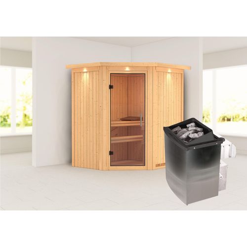 Sauna Taurin : Klare Ganzglastür : mit Dachkranz : 9 kW Ofen + integrierte Steuerung Dachkranz: mit Dachkranz Saunaofen: 9 kW Ofen + integrierte Steuerung Saunatür: Klare Ganzglastür