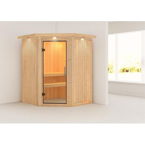 Sauna Larin : Klare Ganzglastür : mit Dachkranz : ohne Ofen Dachkranz: mit Dachkranz Saunaofen: ohne Ofen Saunatür: Klare Ganzglastür