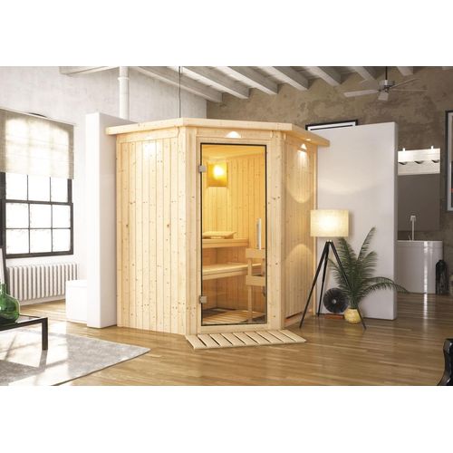 Sauna Taurin : Klare Ganzglastür : mit Dachkranz : ohne Ofen Dachkranz: mit Dachkranz Saunaofen: ohne Ofen Saunatür: Klare Ganzglastür