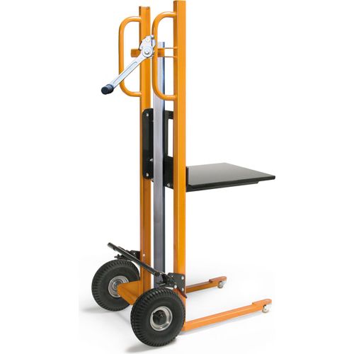 Hubkarre, Traglast 150 kg, mit Plattform BxT 460x500 mm, Hubhöhe 1200 mm, Lenkräder Luftbereifung, Lasträder Polyamid, RAL 1028 melonengelb