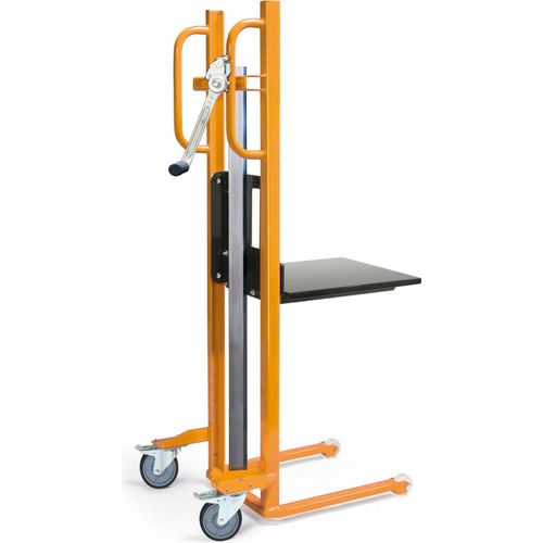 Materialheber, Traglast 150 kg, mit Plattform BxT 460x500 mm, Hubhöhe 1200 mm, Lenkräder TPE, Lasträder Polyamid, RAL 1028 melonengelb