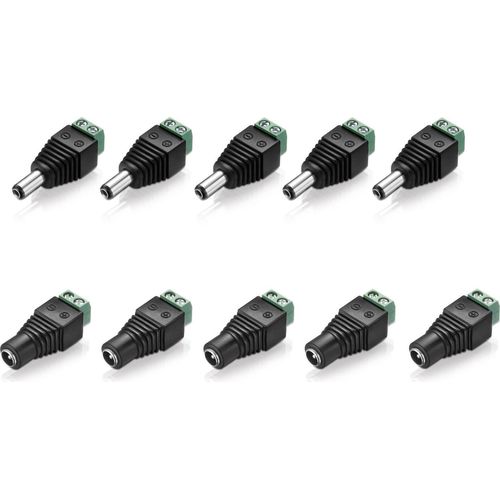 Niedervolt Adapter Set (5x Terminalblock 2-polig auf DC-Hohlbuchse + 5x Terminalblock 2-polig auf DC-Hohlstecker), 5,5x2,1mm, schwarz