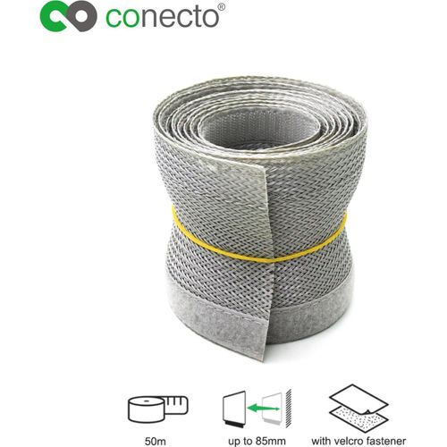 conecto CC50319 Universeller Polyester-Kabelschlauch, selbst zusammenziehend mit Klettverschluss, Ø 85mm, Rolle 50m, grau