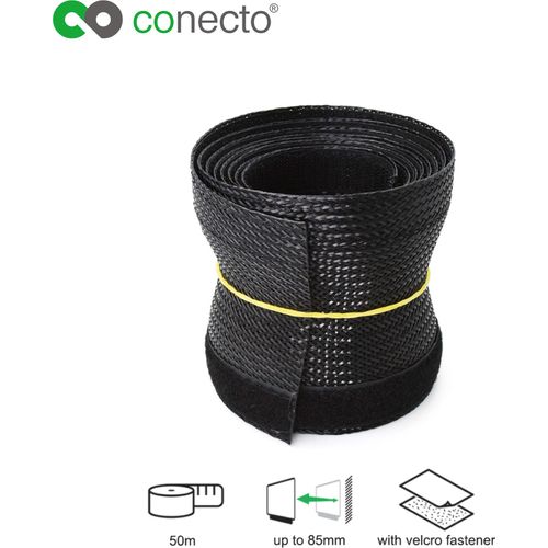 conecto CC50318 Universeller Polyester-Kabelschlauch, selbst zusammenziehend mit Klettverschluss, Ø 85mm, Rolle 50m, schwarz
