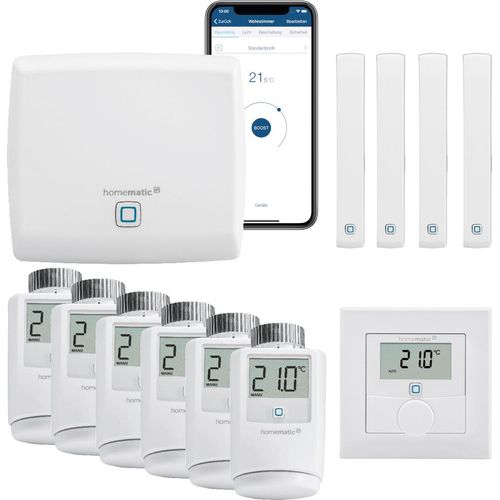 Homematic IP Funk Smart Home Heizungssteuerung Komplettpaket für 6 Heizkörper mit App. Inhalt: Access Point, 6 Heizkörperthermostate, 4 Tür-Fensterkontakte, 1 Wandthermostat. Kompatibel mit Alexa und Google Home.