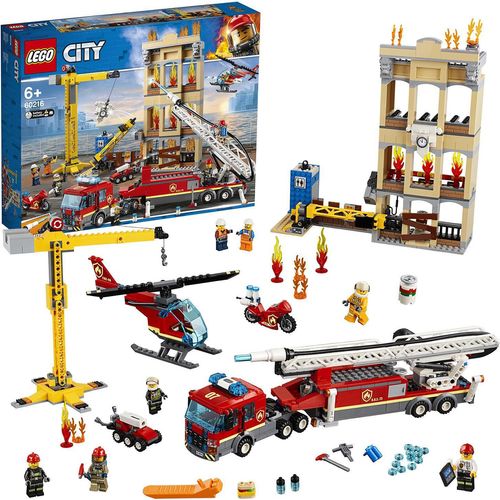 LEGO 60216 City Feuerwehr in der Stadt, Spielzeug für Kinder ab 6 Jahre, inklusive Feuerwehrauto, Kran, Hubschrauber und 7 Minifiguren