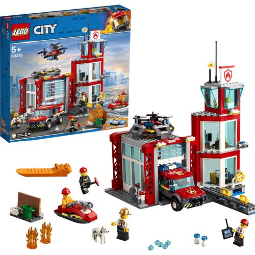 LEGO 60215 City Feuerwehr-Station, Feuerwehr-Spielzeug für Kinder mit Feuerwehrauto, Wasserscooter, Drohne, Licht-und Toneffekten und Minifiguren