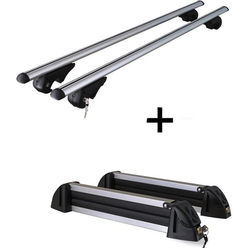 Dachträger Rio 120 + Skiträger / Snowboardträger / Skihalter Alu 4 Paar Ski kompatibel mit Chevrolet Nubira Kombi ab 05