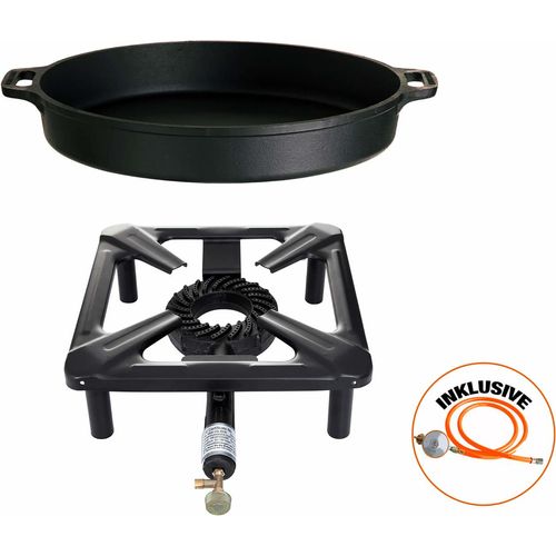 Hockerkocher-Set (klein) mit Gusseisenpfanne - Ø 40 cm inkl. Gasschlauch & Regler