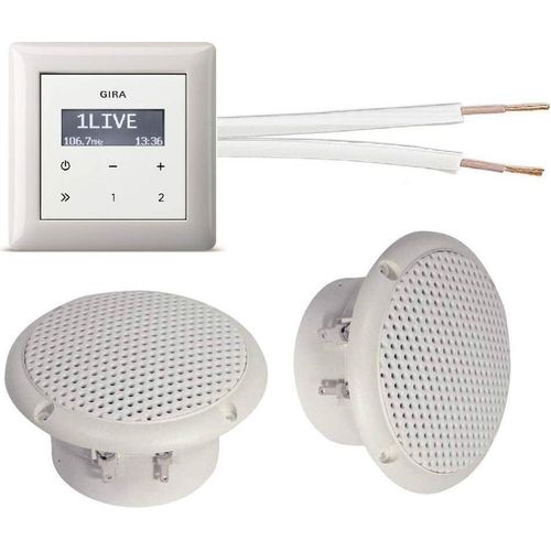 Gira Unterputz Radio Unterputzradio 228403 reinweiß glänzend Komplett-Set + 2 x Deckenlautsprecher weiß (Feuchtraum/Badezimmer) Einbaulautsprecher + Radioeinheit + Rahmen + 20 m Lautsprecherkabel