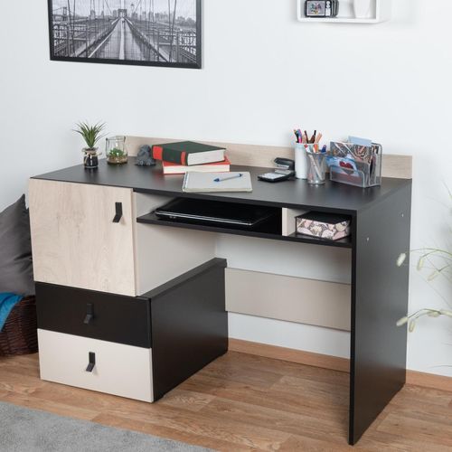 Jugendzimmer - Schreibtisch Aalst 09, Farbe: Eiche / Creme / Schwarz - Abmessungen: 86 x 125 x 55 cm (H x B x T)