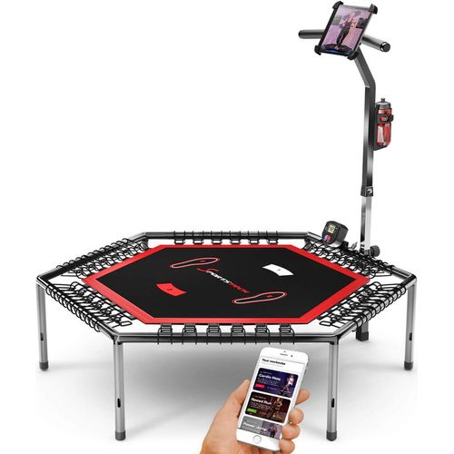 Messe-Neuheit 2020! Smart Fitness Trampolin, inkl. Pulsgurt, Sprungzähler & APP, klappbar, höhenverstellbarer Haltegriff mit Handy- & Flaschenhalterung, HTX100 Indoor Jumping Workout