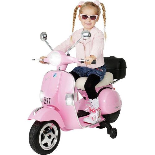 Kinder Elektro Roller Vespa - Mit Stützrädern - 2 x 12 V Motoren - Koffer zum Öffnen - Kinder Fahrzeug elektrisch - Ab 3 Jahre - (Pink)