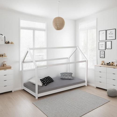 Homestyle4u Hausbett Kinderbett 90x200 Weiß mit Lattenrost Kinder Bett Haus Holz Kiefer