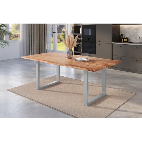 Esstisch Baumkante massiv Akazie natur 180 x 90 U-Gestell silber NICK