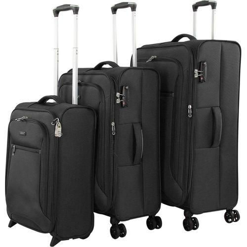 Koffer 3er Set Leicht Reise Trolley 4 Rollen mit Dehnfalte Schwarz Bowatex