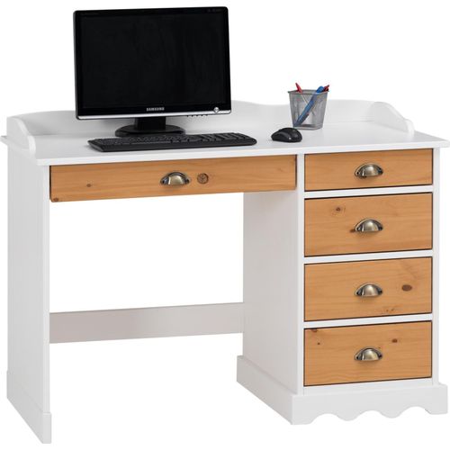 Schreibtisch Bürotisch COLETTE Arbeitstisch mit Aufsatz, Kiefer massiv, weiß/braun lackiert, Landhausstil