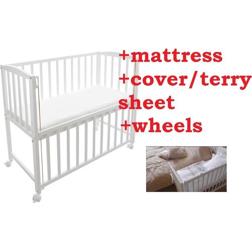 BABY Kinderbett Zusatzbett Neben Mir + Matratze mit Bettlaken Kinderbett auf Rädern weiß